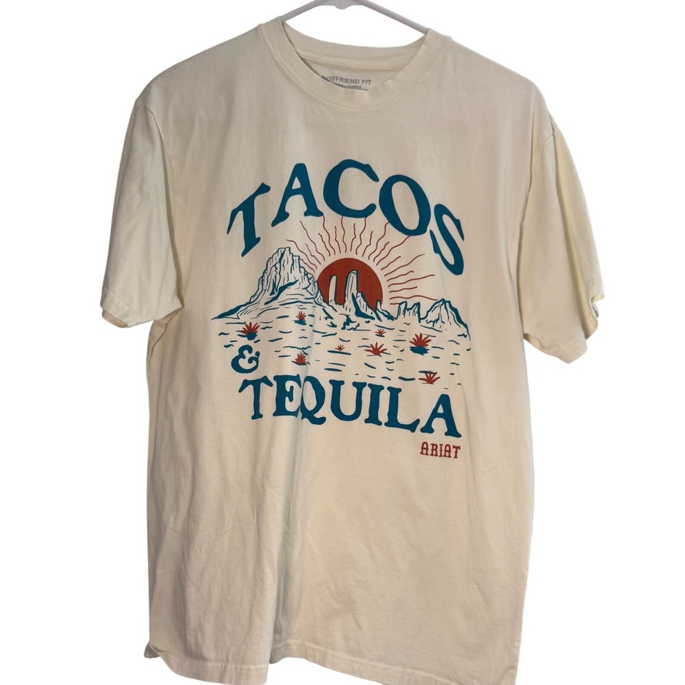 Ariat Womens Tacos & Tequila Graphic T-Shirt Cream Boyfriend Fit Medium